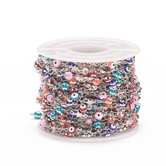 Handmade Brass Beaded Chains, with Enamel and Spool, Soldered, Long-Lasting Plated, Evil Eyes & Star, Colorful