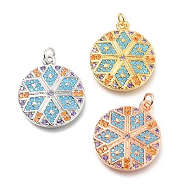 Pendentifs en laiton zircon cubique micro pavé coloré, plaqué longue durée, avec anneau de saut, plat et circulaire avec fleur