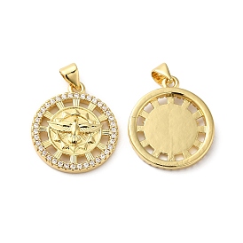 Rack Plating Brass Pave Cubic Zirconia Pendants, Lead Free & Cadmium Free, Long-Lasting Plated, Flat Round with Bird Pattern Charm