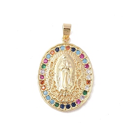 Brass Cubic Zirconia Pendants, with Resin Long-Lasting Plated, Oval with Holy Virgin Charms, Golden