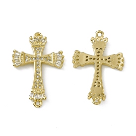 Rack Plating Brass Pave Clear Cubic Zirconia Connector Charms, Religion Cross Links, Brass Jewelry for Women, Cadmium Free & Lead Free, Long-Lasting Plated