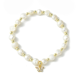 Natural Pearl Beaded Stretch Bracelets, with Brass Cubic Zirconia Butterfly Charms