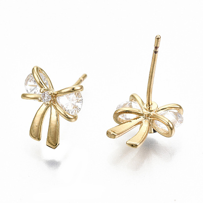 Brass Stud Earrings, with Clear Cubic Zirconia, Nickel Free, Bowknot