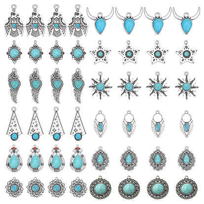 48 шт. 12 стили окрашенные подвески из синтетической бирюзы, с настройки сплава, античное серебро