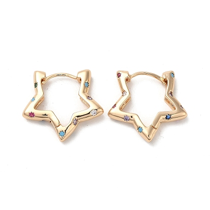 Brass Micro Pave Colorful Cubic Zirconia Hoop Earrings, Star