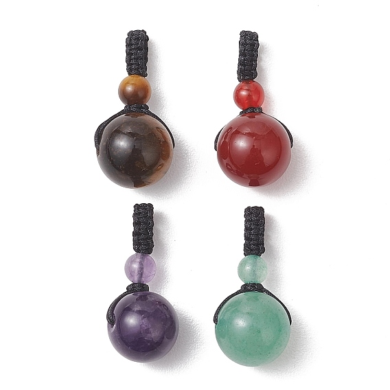 4 шт. 4 цвета: натуральный карнеол, аметист, зеленый авантюрин и тигровый глаз, подвески, круглые подвески, с черной плетеной нейлоновой нитью, смешанные окрашенные и неокрашенные