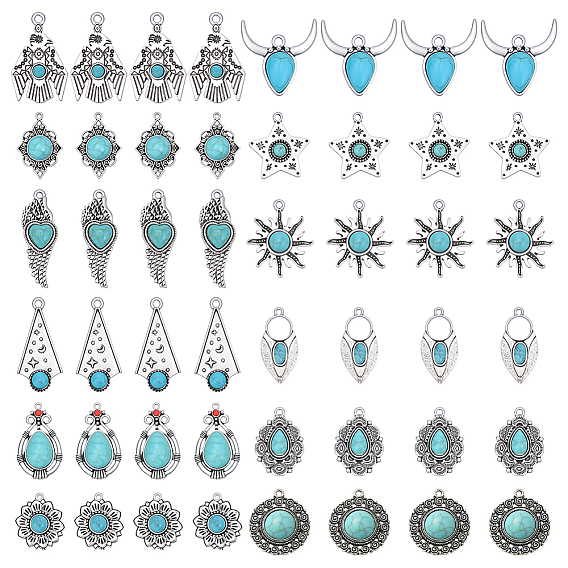 48 шт. 12 стили окрашенные подвески из синтетической бирюзы, с настройки сплава, античное серебро