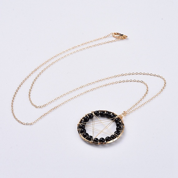 Natural Gemstone Beads Pendant Necklaces, with Brass Cable Chains, Real 18K Gold Plated