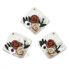 Handmade Polymer Clay Pendants, Rhombus with Rose Flower