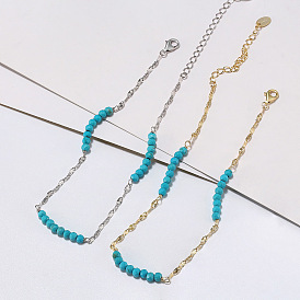 925 Sterling Silver Dapped Chain Anklet, Synthetic Turquoise Beads Anklet