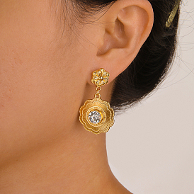 Серьги-гвоздики с подвесками в форме цветка из латуни с прозрачным кубическим цирконием