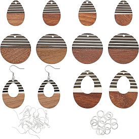 Kits de fabrication de boucles d'oreilles bricolage, 12 pcs plat rond et larme résine et noyer pendentifs, 304 anneaux de saut en acier inoxydable et crochets pour boucles d'oreilles