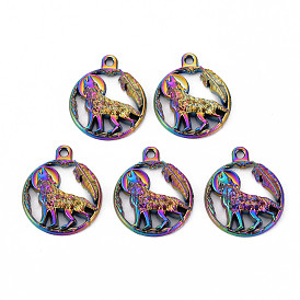 Alloy Howling Wolf Pendants, Cadmium Free & Nickel Free & Lead Free, Flat Round with Wolf