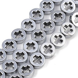 Electroplated Synthetic Non-magnetic Hematite Beads Strands, Flat Round with Hollow Cross