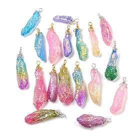 Electroplated Raw Rough Natural Quartz Crystal Big Pendants, Nuggets Charms with Copper Wire Loops