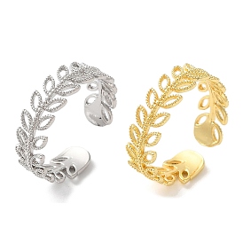 Rack Plating Leaf Brass Open Cuff Ring for Women, Long-Lasting Plated, Lead Free & Cadmium Free