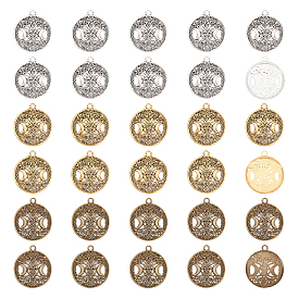 30Pcs 3 Colors Tibetan Style Hollow Alloy Pendants, Lead Free & Cadmium Free, Flat Round withTriple Moon Goddess, Pagan Jewelry