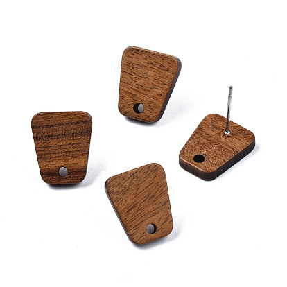 Walnut Wood Stud Earring Findings, with Hole and 304 Stainless Steel Pin, Trapezoid