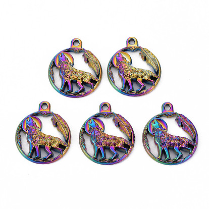Alloy Howling Wolf Pendants, Cadmium Free & Nickel Free & Lead Free, Flat Round with Wolf