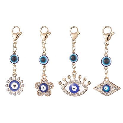 Evil Eye Alloy Enamel with Rhinestone Pendant Decoration, Resin Beads and 304 Stainless Steel Lobster Claw Clasps, Eye/Flower