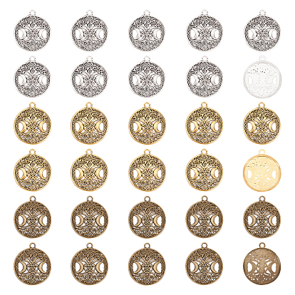 30Pcs 3 Colors Tibetan Style Hollow Alloy Pendants, Lead Free & Cadmium Free, Flat Round withTriple Moon Goddess, Pagan Jewelry