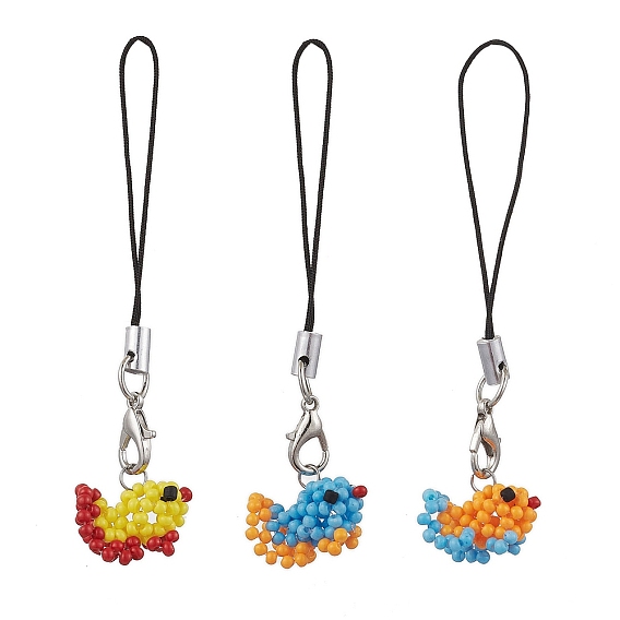3Pcs Glass Seed Bead Beaded Fish Charm Mobile Straps, Nylon Cord Loop Mobile Accessories Decoration