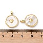 Rack Plating Brass Pendants with Natural Shell, Flat Round Charms with Heart, Long-Lasting Plated, Lead Free & Cadmium Free