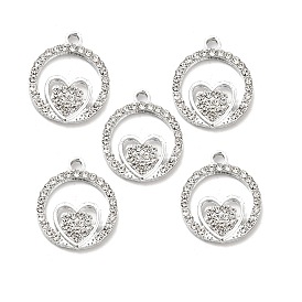 Alloy Rhinestone Pendants, Platinum Tone Hollow Out Flat Round with Heart Charms