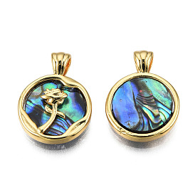 Synthetic Abalone Shell/Paua Shell Pendants, Flower Charms, with Real 18K Gold Plated Brass Findings, Nickel Free, Flat Round