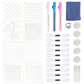 Embroidery Tool Sets, including Acrylic Drawing Line Template, Polycotton Embroidery Threads, Rubber Disposable Fingerstall, Iron Yarn Needles & Thimble Rings
