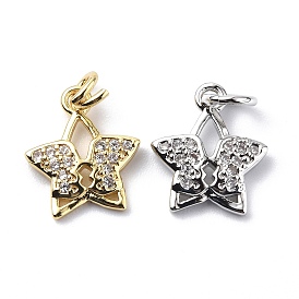 Brass Micro Pave Cubic Zirconia Charms, with Jump Ring, Star with Butterfly Charms