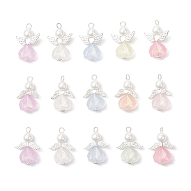 Подвески ангелы из акрила и сплава, с круглыми бусинами из искусственного стекла, серебряные