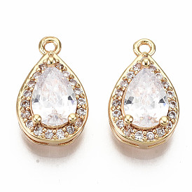 Brass Micro Pave Clear Cubic Zirconia Charms, Nickel Free, Teardrop