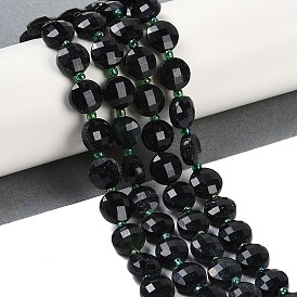 Natrual Black Jade Beads Strands, Faceted, Flat Round, with Seed Beads