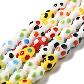 Handmade Porcelain Beads Strands, Printed, Oval with Polka Dot Pattern