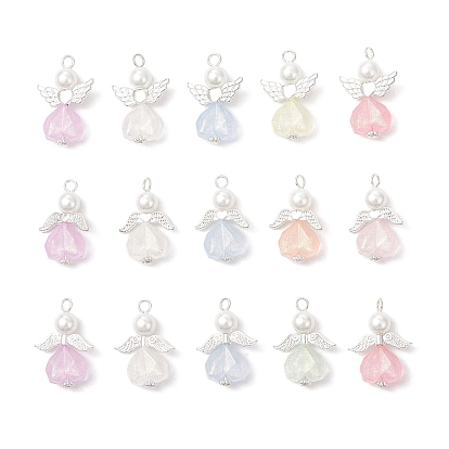 Подвески ангелы из акрила и сплава, с круглыми бусинами из искусственного стекла, серебряные