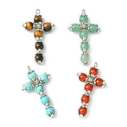 4Pcs 4 Styles Mixed Gemstone Copper Wire Wrapped Pendants, Cross Charms, Mixed Dyed and Undyed, Platinum