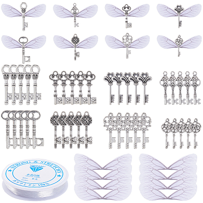 Набор для изготовления брелка своими руками, включая подвески в виде ключей-скелетонов из сплава, органза ткань, эластичная нить