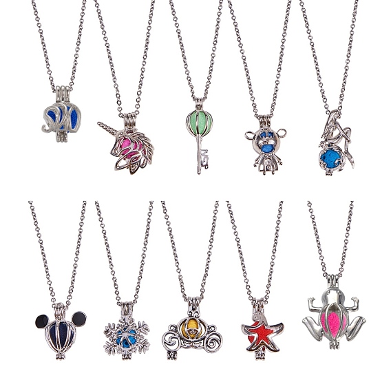 DIY Dangle Necklace Making, with Brass/Alloy Locket Pendants, Cage Pendants, DIY Doll Craft, Polyester Pom Pom Ball and Natural Lava Rock Beads