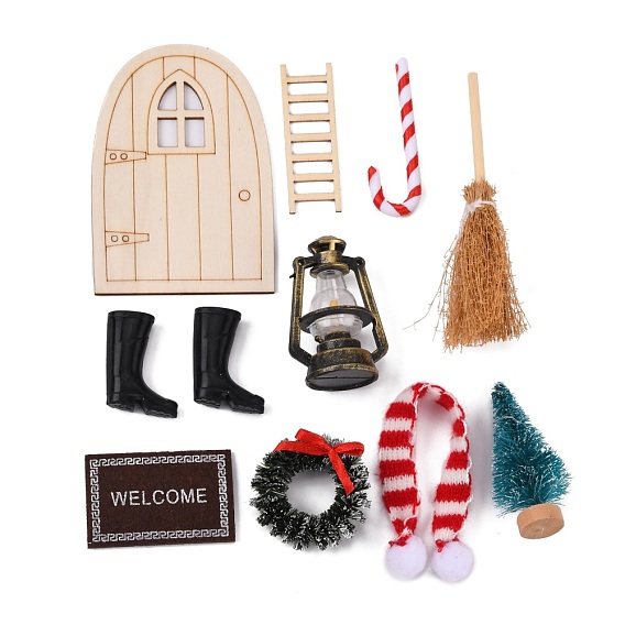 Набор для украшения мини-витрины на рождественскую тему, включая трость, ботинки, коптилка, гирлянда, дерево, коврик, шарф, деревянная дверь, лестница, для аксессуаров для кукольного домика