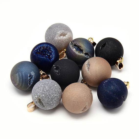 Electroplated Natural Druzy Geode Agate Pendants, with Iron Findings, Matte Style, Round
