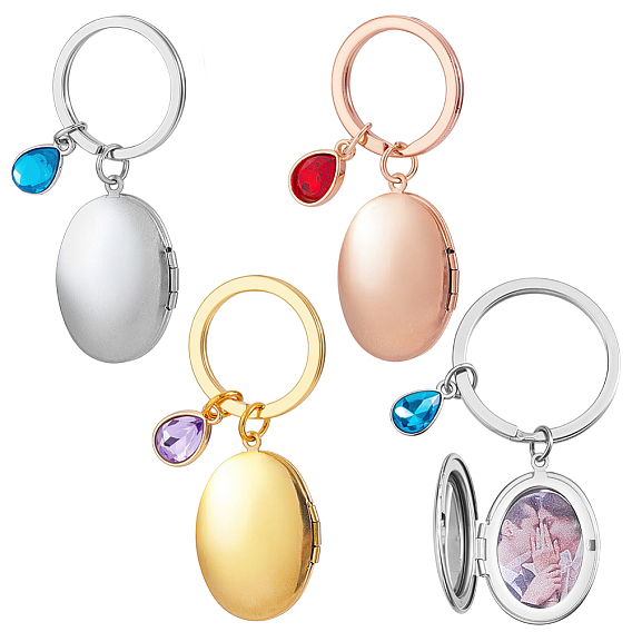 3шт. подвески-медальоны из нержавеющей стали, с овальными брелками из сплава страз, литыми кольцами