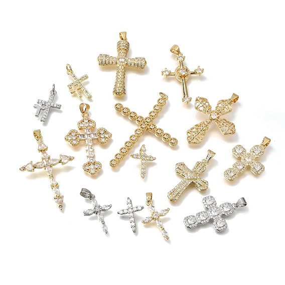 Brass Micro Pave Clear Cubic Zirconia Pendants, Cross Charms, Lead Free & Cadmium Free, Long-Lasting Plated, Rack Plating