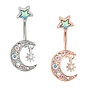 Colorful Rhinestone Moon & Star Dangle Belly Ring, Alloy Navel Ring with 316L Surgical Stainless Steel Bar for Women Piercing Jewelry