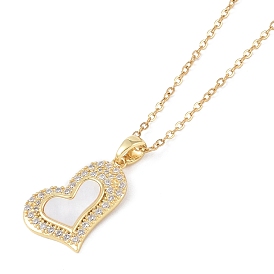 201 Stainless Steel Cable Chain Necklaces, Brass Micro Pave Cubic Zirconia Pendant Necklaces, with Shell Charms, Heart