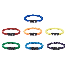 7Pcs 7 Colors Acrylic & Natural Lava Rock Round Beaded Stretch Bracelets Sets, Essential Oil Gemstone Jewelry for Women