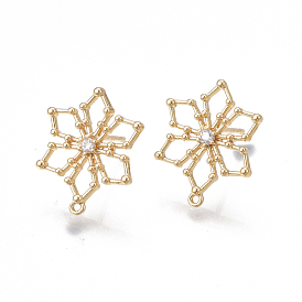 Brass Stud Earring Findings, with Loop, Cubic Zirconia, Nickel Free, Real 18K Gold Plated, Flower, Clear