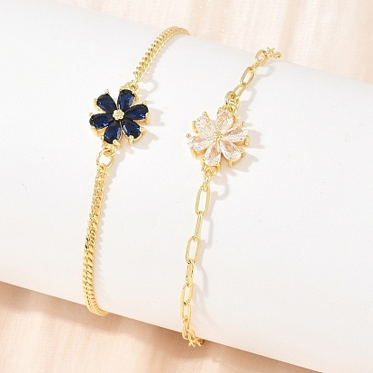 Bracelets en laiton pavés de zirconiums cubiques en forme de fleur pour femmes, crémaillère plaquage, plaqué longue durée, sans cadmium et sans plomb, réel 18 k plaqué or