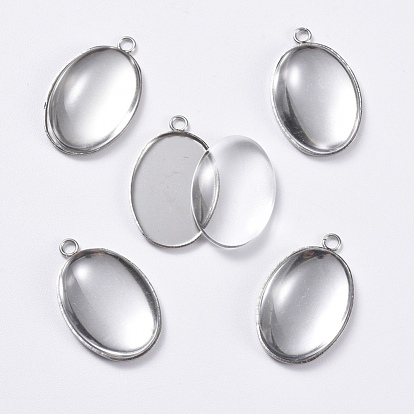 DIY Pendant Making, with 304 Stainless Steel Pendant Cabochon Settings and Transparent Oval Glass Cabochon