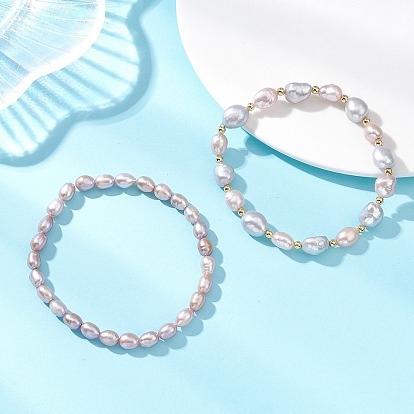 2Pcs 2 Styles Natural Cultured Freshwater Pearl Beads Stretch Bracelets for Women, Rice, with Brass Beads, Real 18K Gold Plated